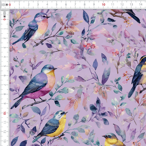 Tecido Sarja Impermeável Estampada Pássaros Aquarela Lilás 9100e17111