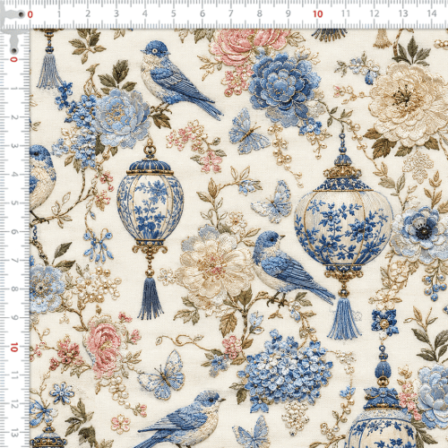 Tecido Sarja Impermeável Estampada Pássaros e Porcelanas Azul 9100e17227
