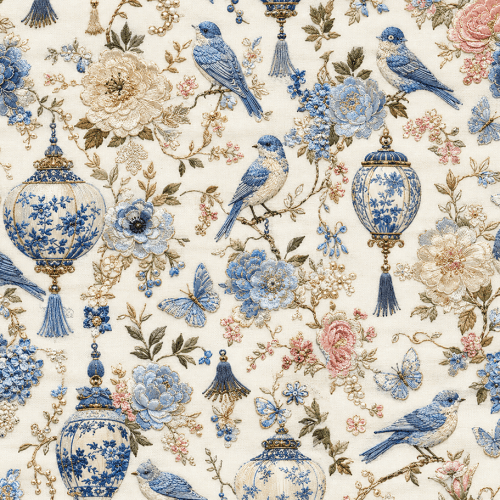 Tecido Sarja Impermeável Estampada Pássaros e Porcelanas Azul 9100e17227