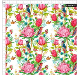 Retalho Tecido Tricoline Digital Floral e Ramos e Beija-flor Branco (0,50x1,50 mts) RET9100e4353