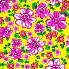 Tecido Chitão Estampado 100% algodão Floral Rosa Fundo amarelo 2599v1