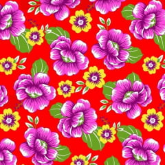 Tecido Chitão Estampado 100% algodão Floral Rosa Fundo Vermelho 2690v2
