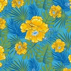 Tecido Chitão Estampado Floral Amarelo Costela de Adão Azul 2841v01 