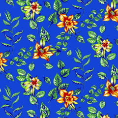 Tecido Chitão Estampado Floral Amarelo e Azul Royal 2835v2
