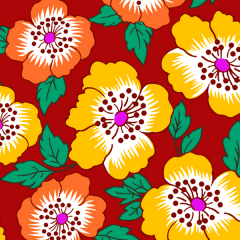 Tecido Chitão Estampado Floral Amarelo e Laranja Fundo Vermelho 2851v01
