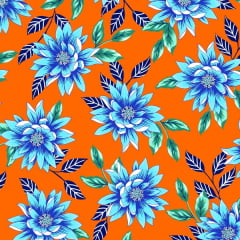 Tecido Chitão Estampado Floral Azul e Laranja 2822v2