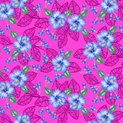 Tecido Chitão Estampado Floral Azul e Pink 2824v2