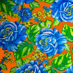 Tecido Chitão Estampado Floral Azul Fundo Laranja 2611V2