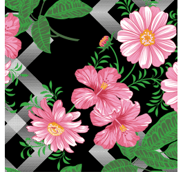 Tecido Chitão Estampado Floral Grande Rosa Fundo Preto 2844v01