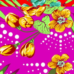 Tecido Chitão Estampado Floral Laranja e Rosa  100% Algodão 2503v2