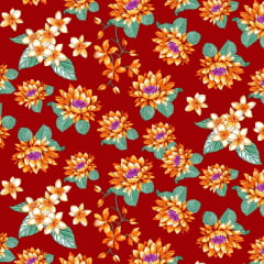 Tecido Chitão Estampado Floral Laranja e Vermelho 2832v2
