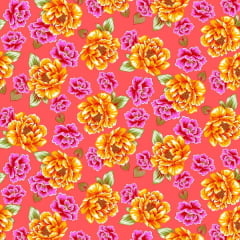 Tecido Chitão Estampado Floral Laranja Pink e Rosa 2836v1
