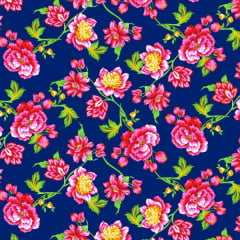 Tecido Chitão Estampado Floral Pink Amarelo e Marinho 2837v1