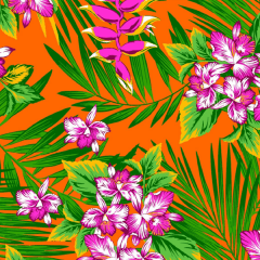 Tecido Chitão Estampado Floral Pink Fundo Laranja 100% Algodão 2820v01