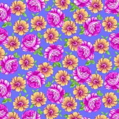 Tecido Chitão Estampado Floral Rosa Amarelo e Azul 2839v1