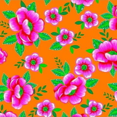 Tecido Chitão Estampado Floral Rosa e Laranja 100% Algodão 2506v1