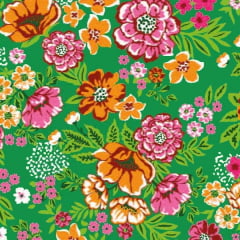 Tecido Chitão Estampado Floral Rosa e Laranja Fundo Verde 2689v2