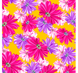 Tecido Chitão Estampado Floral Rosa e Roxo Fundo Amarelo 3012v01