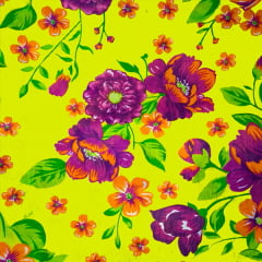 Tecido Chitão Estampado Floral Rosa Folhas e Fundo Amarelo 2614V3