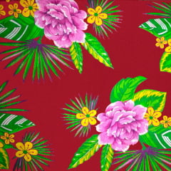 Tecido Chitão Estampado Floral Rosa Fundo Vermelho 2612V2