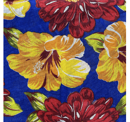 Tecido Chitão Estampado Floral Vermelho e Amarelo Fundo Azul Marinho 5429v01