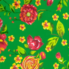 Tecido Chitão Estampado Floral Vermelho e Amarelo Fundo Verde 2614V2