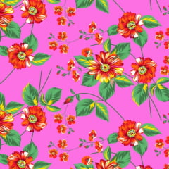 Tecido Chitão Estampado Floral Vermelho e Pink 2833v1