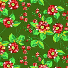 Tecido Chitão Estampado Floral Vermelho e Verde Escuro 2833v2