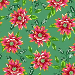 Tecido Chitão Estampado Floral Vermelho Fundo Verde 2822v1