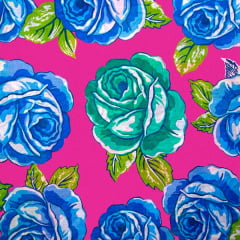 Tecido Chitão Estampado Rosas Azuis Fundo Rosa 2701v3