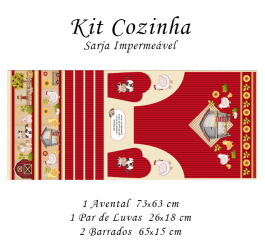 Kit Sarja Estampada Impermeável Avental Luva e Barrado Fazendinha Vermelho  9100e4512