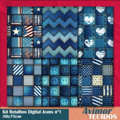 Kit Retalhos Tricoline Digital Jeans 1 - 50x75