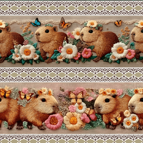 Tecido Tricoline Digital 3D Barrado Capivara e Florais 9100E15466