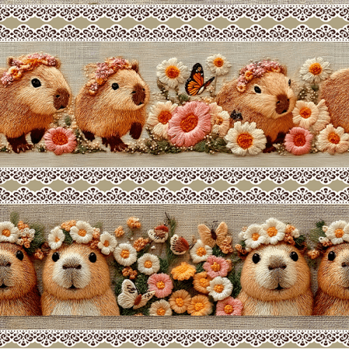 Tecido Tricoline Digital 3D Barrado Capivara e Florais 9100E15466
