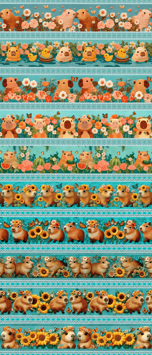 Tecido Tricoline Digital 3D Barrado Capivara e Girassóis 9100E15465