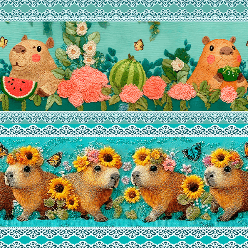 Tecido Tricoline Digital 3D Barrado Capivara e Girassóis 9100E15465