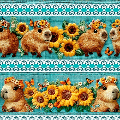 Tecido Tricoline Digital 3D Barrado Capivara e Girassóis 9100E15465