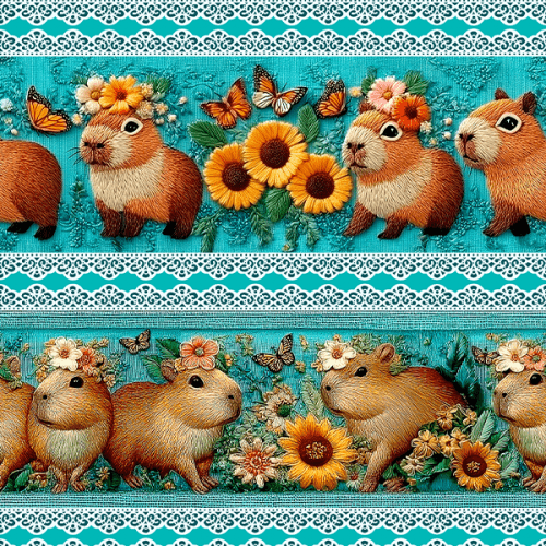 Tecido Tricoline Digital 3D Barrado Capivara e Girassóis 9100E15465