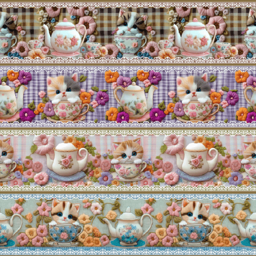 Tecido Tricoline Digital 3D Barrado Chá com Gatinhos ( 0,55 x 1,50 mts ) 9100E15025