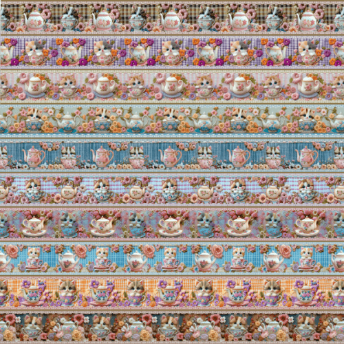 Tecido Tricoline Digital 3D Barrado Chá com Gatinhos ( 0,55 x 1,50 mts ) 9100E15025