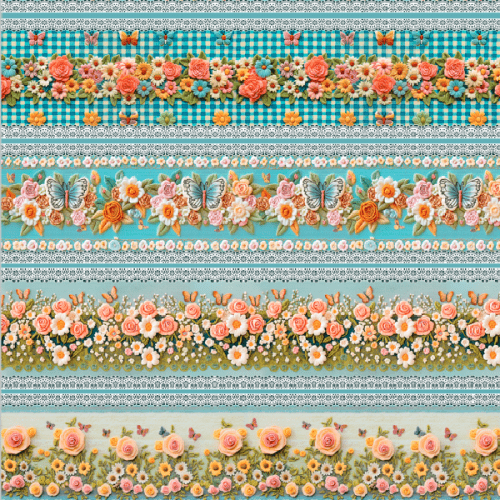 Tecido Tricoline Digital 3D Barrado Floral Bordado com Borboletas ( 0,55 x 1,50 mts ) 9100E15028