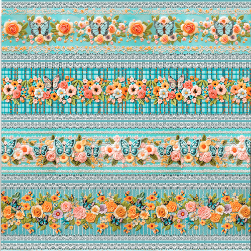 Tecido Tricoline Digital 3D Barrado Floral Bordado com Borboletas ( 0,55 x 1,50 mts ) 9100E15028