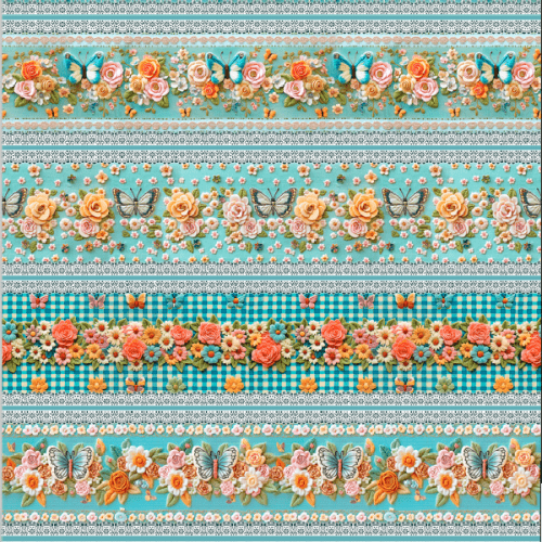 Tecido Tricoline Digital 3D Barrado Floral Bordado com Borboletas ( 0,55 x 1,50 mts ) 9100E15028