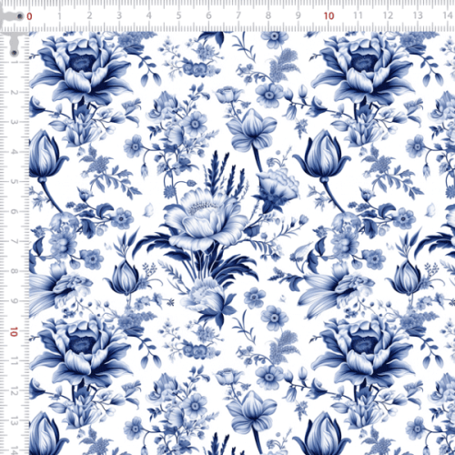 Tecido Tricoline Digital 3D Florais Azúis 9100E15624