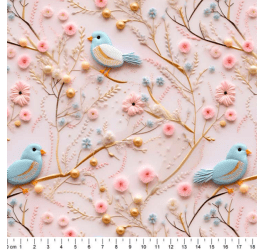 Tecido Tricoline Digital 3D Pássaros e Flores de Cerejeiras DS81708
