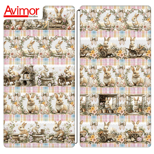 Tecido Tricoline Digital Barrado Coelhinhos da Páscoa 9100E15755