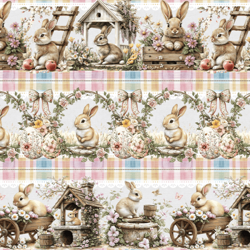 Tecido Tricoline Digital Barrado Coelhinhos da Páscoa 9100E15755