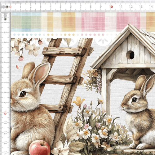Tecido Tricoline Digital Barrado Coelhinhos da Páscoa 9100E15755