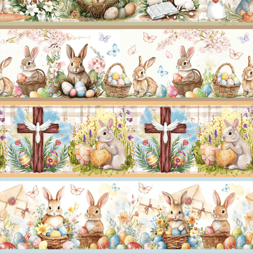 Tecido Tricoline Digital Barrado Coelhos Cestas de Ovos Páscoa 9050v358