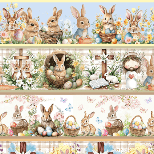 Tecido Tricoline Digital Barrado Coelhos Cestas de Ovos Páscoa 9050v358